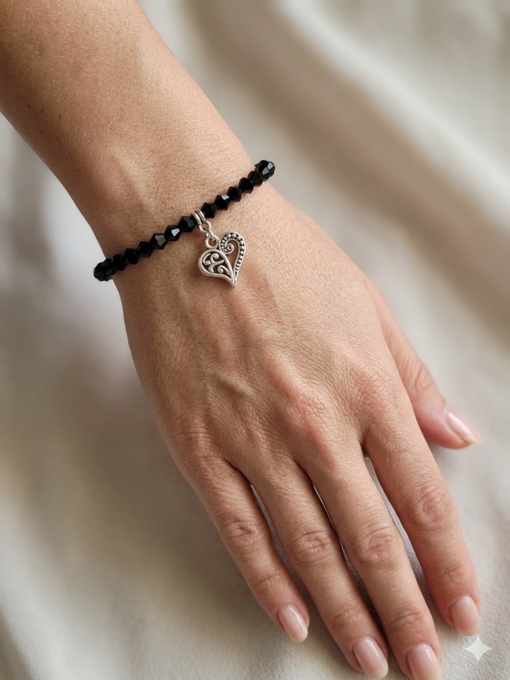 7 Inch Handmade Black Beaded Bracelet with Heart Charm